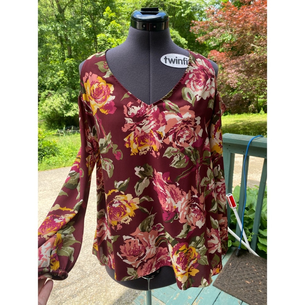 Cold Shoulder Long Sleeve Floral Blouse